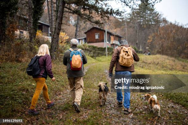 mature friends in nature - serbia village stock pictures, royalty-free photos & images