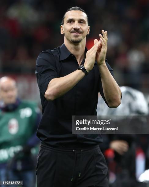 Zlatan Ibrahimovic of AC Milan acknowledges fans after the Serie A match between AC Milan and Hellas Verona at Stadio Giuseppe Meazza on June 04,...