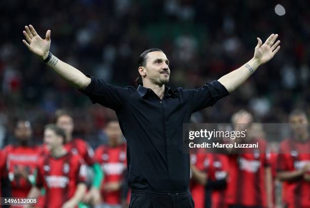 Zlatan Ibrahimovic of AC Milan acknowledges fans after the Serie A match between AC Milan and Hellas Verona at Stadio Giuseppe Meazza on June 04,...