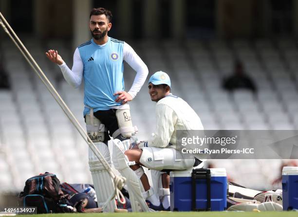 Virat Kohli of India and Shubman Gill of India look on during India training prior to the ICC World Test Championship Final 2023 at The Oval on June...
