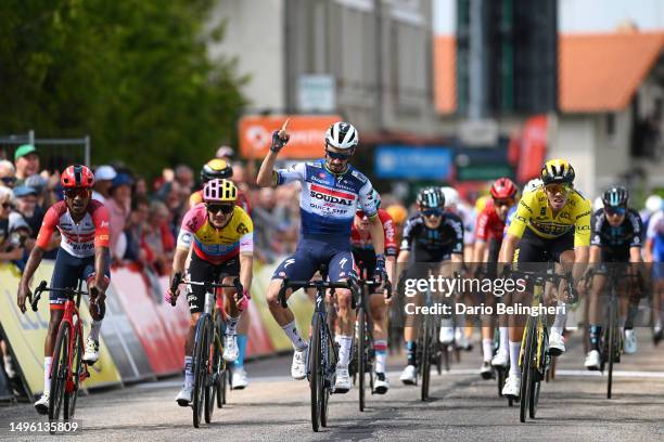 Julian Alaphilippe of France and Team Soudal - Quick Step celebrates at finish line as stage winner ahead of Natnael Tesfatsion of Eritrea and Team...