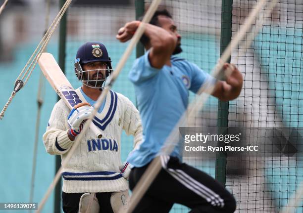 Ajinkya Rahane of India looks on during India training prior to the ICC World Test Championship Final 2023 at The Oval on June 05, 2023 in London,...