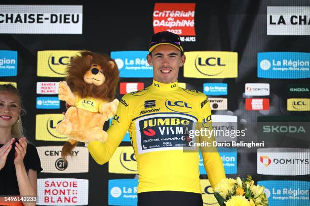 Christophe Laporte of France and Team Jumbo-Visma - Yellow Leader Jersey celebrates at podium during the 75th Criterium du Dauphine 2023, Stage 2 a...
