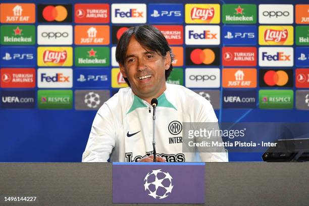 Head Coach Simone Inzaghi of FC Internazionale speaks to the media during the FC Internazionale press conference before the Final Champions League...