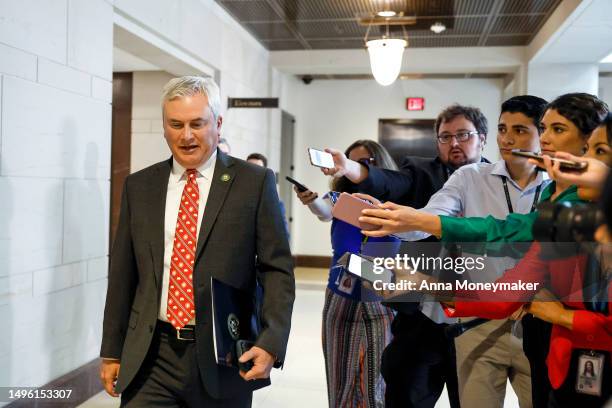 House Oversight and Accountability Committee Chairman James Comer speaks to reporters as he arrives for an FBI briefing in the House Sensitive...