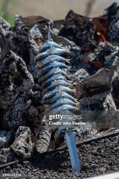 Sardines are cooked on an open fire on the beach on April 20, 2023 in Malaga, Spain.