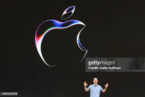 Apple CEO Tim Cook speaks before the start of the Apple Worldwide Developers Conference at its headquarters on June 05, 2023 in Cupertino,...