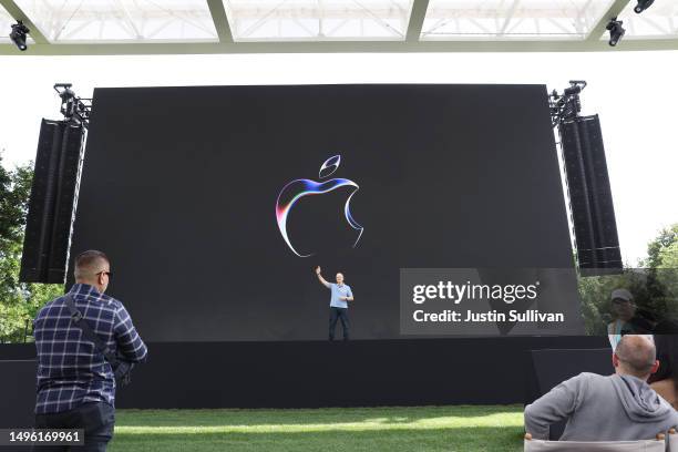 Apple CEO Tim Cook speaks before the start of the Apple Worldwide Developers Conference at its headquarters on June 05, 2023 in Cupertino,...