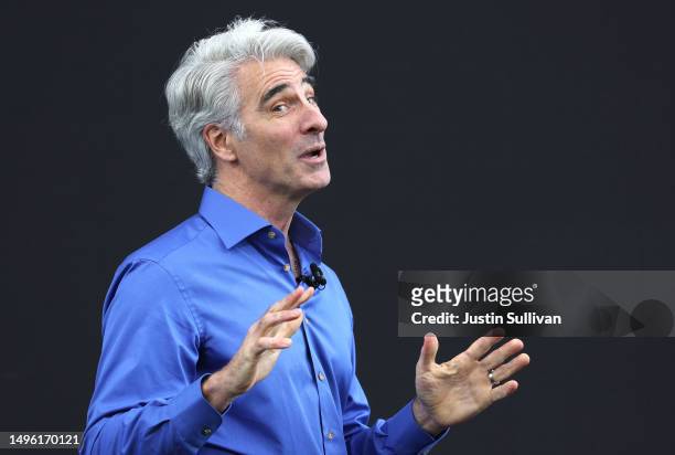 Apple senior vice president of software engineering Craig Federighi speaks before the start of the Apple Worldwide Developers Conference at its...