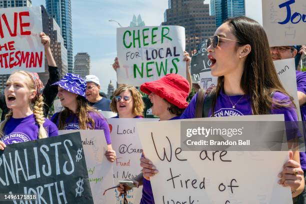 Journalists protest outside the offices of the Austin American Statesman newspaper on June 05, 2023 in Austin, Texas. Staff journalists at the paper...