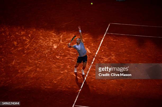 Holger Rune of Denmark in action against Francisco Cerundolo of Argentina during the Men's Singles Fourth Round match on Day Nine of the 2023 French...