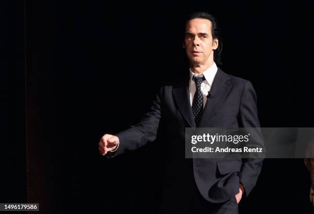 Musician and author Nick Cave gestures during lit.COLOGNE Spezial: Nick Cave & Seán O'Hagan: „Faith, Hope and Carnage" at Theater am Tanzbrunnen on...