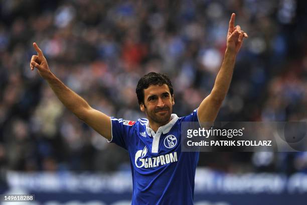 Schalke's Spanish striker Raul celebrates scoring during the German first division Bundesliga football match FC Schalke 04 vs Hanover 96 in the...