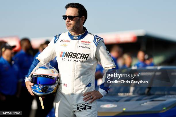 Jimmie Johnson, driver of the NASCAR Next Gen Chevrolet ZL1 looks on prior to the 100th anniversary of the 24 Hours of Le Mans at the Circuit de la...