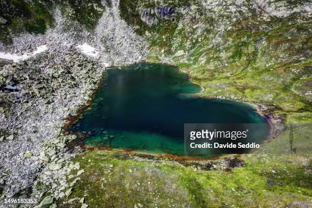 aerial view of the alpine lake 'lengsee' with the shape of heart - cantòn vallese foto e immagini stock
