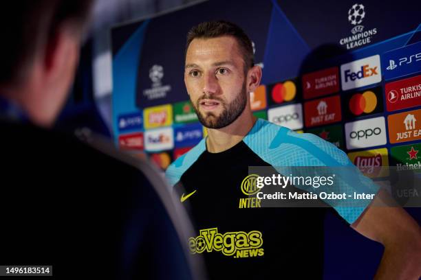 Stefan De Vrij of FC Internazionale speaks with the media during the mix zone interviews at UEFA Campions League Final media day at Appiano Gentile...