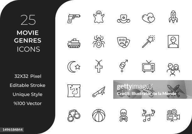 movie genres line icon set - dokumentation stock-grafiken, -clipart, -cartoons und -symbole