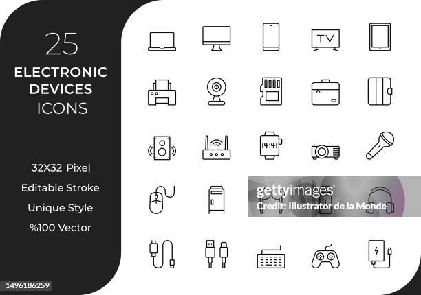 electronic devices line icon set - cable modem stock illustrations