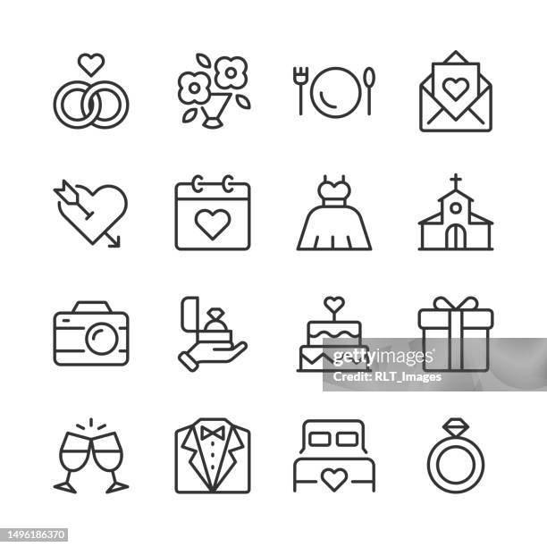 hochzeits-ikonen — monoline-serie - hochzeitskleid stock-grafiken, -clipart, -cartoons und -symbole