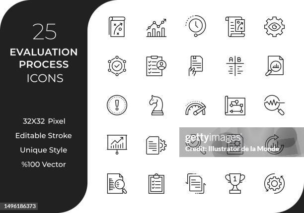 evaluation process line icon set - performance review stock illustrations