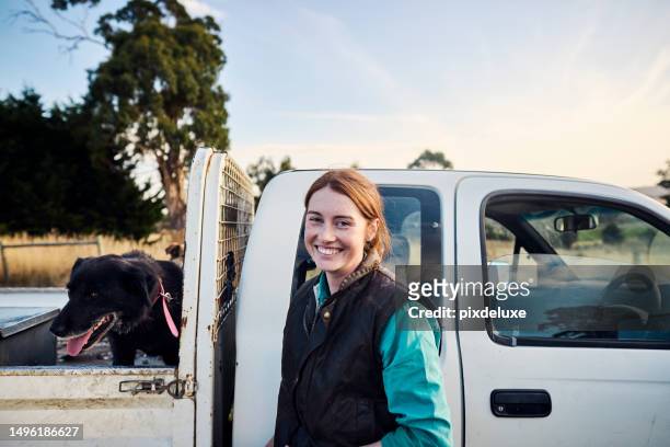 オーストラリアのタスマニア州の田舎にある農場の若い女性農家。 - ute ストックフォトと画像