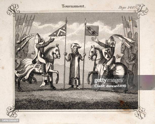 mittelalterliches turnier, zwei ritter, die sich vor dem kampf grüßen, wappen auf bändern, geschichte des sports - ritterturnier stock-grafiken, -clipart, -cartoons und -symbole