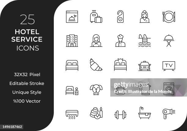 ilustraciones, imágenes clip art, dibujos animados e iconos de stock de conjunto de iconos de la línea de servicio del hotel - suite-de-hotel