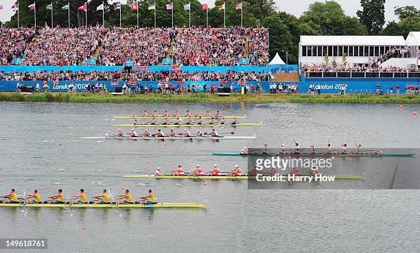 The Germany team celebrate after winning gold in the Men's Eight Final on Day 5 of the London 2012 Olympic Games at Eton Dorney on August 1, 2012 in...
