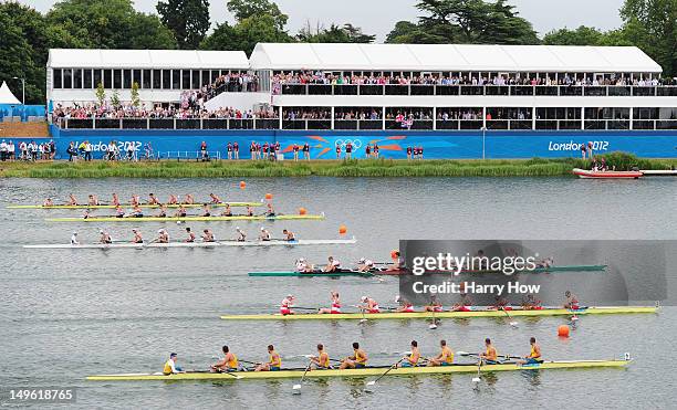 The Germany team celebrate after winning gold in the Men's Eight Final on Day 5 of the London 2012 Olympic Games at Eton Dorney on August 1, 2012 in...