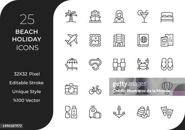 ilustraciones, imágenes clip art, dibujos animados e iconos de stock de juego de iconos de beach holiday line - bolsa de playa