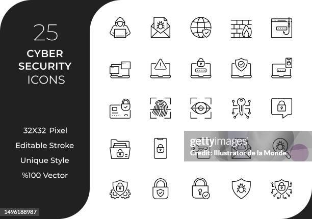ilustraciones, imágenes clip art, dibujos animados e iconos de stock de conjunto de icono de línea de seguridad de cyber - data breach