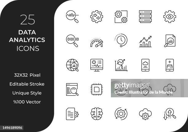 illustrations, cliparts, dessins animés et icônes de jeu d’icônes de ligne d’analyse de données - tableau de bord support visuel
