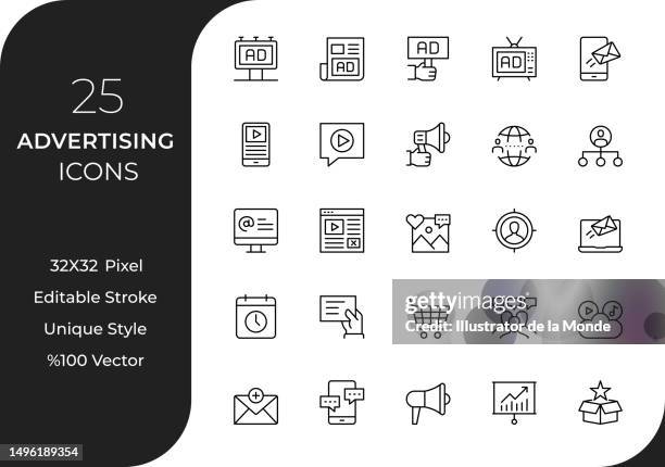 stockillustraties, clipart, cartoons en iconen met advertising line icon set - reclamebord commercieel bord