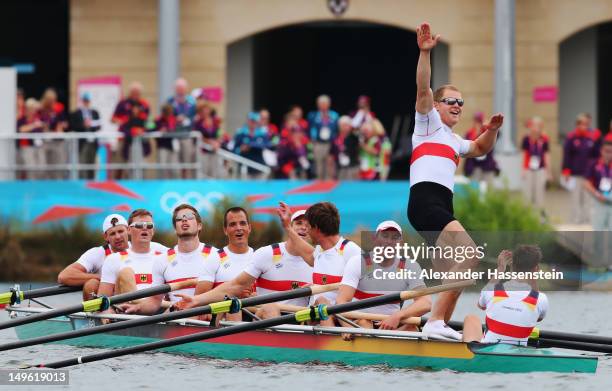 The Germany team celebrate after winning gold in the Men's Eight Final on Day 5 of the London 2012 Olympic Games at Eton Dorney on August 1, 2012 in...