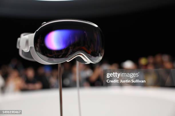 The new Apple Vision Pro headset is displayed during the Apple Worldwide Developers Conference on June 05, 2023 in Cupertino, California. Apple CEO...
