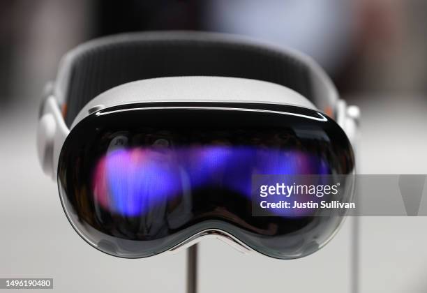 The new Apple Vision Pro headset is displayed during the Apple Worldwide Developers Conference on June 05, 2023 in Cupertino, California. Apple CEO...