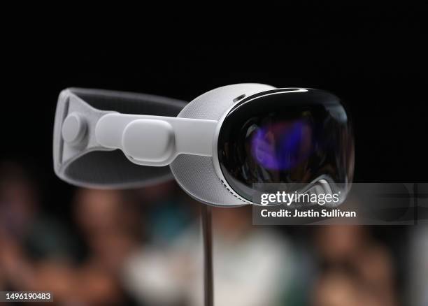 The new Apple Vision Pro headset is displayed during the Apple Worldwide Developers Conference on June 05, 2023 in Cupertino, California. Apple CEO...