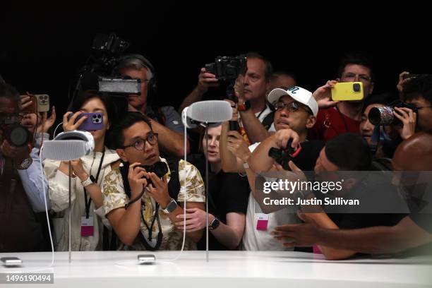 The new Apple Vision Pro headset is displayed during the Apple Worldwide Developers Conference on June 05, 2023 in Cupertino, California. Apple CEO...