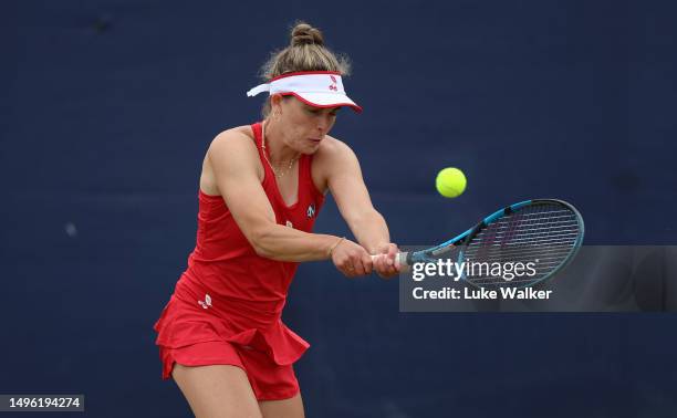 Maia Lumsden of Great Britain plays a shot during her Round One match against Danielle Daley of Great Britain during Day One of The Lexus Surbiton...