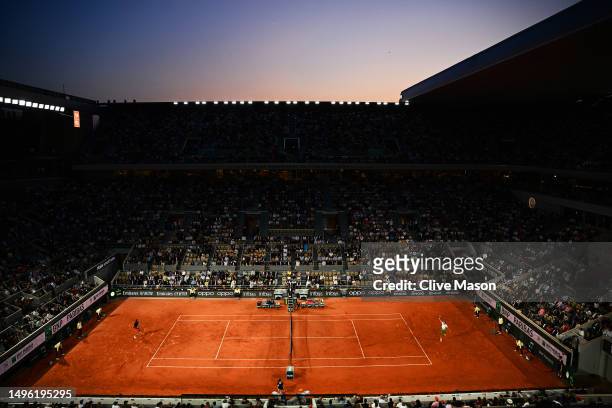 General view inside the stadium as Grigor Dimitrov of Bulgaria plays a backhand against Alexander Zverev of Germany during the Men's Singles Fourth...