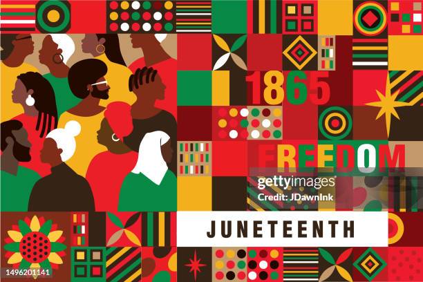 juneteenth freedom day celebration horizontal web banner geometric shapes design with crowd of people - juneteenth 1865 幅插畫檔、美工圖案、卡通及圖標