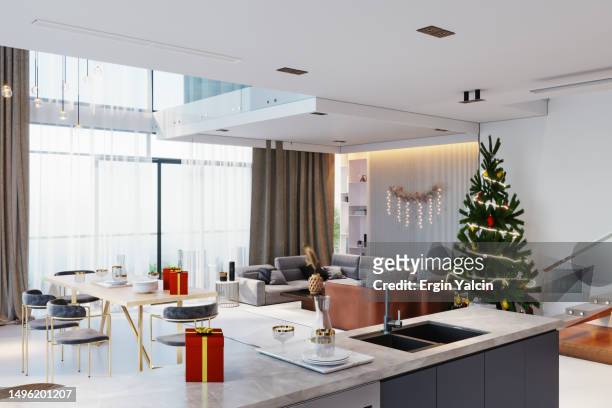 interior of modern villa with stylish furniture and christmas concept - christmas tree stockfoto's en -beelden