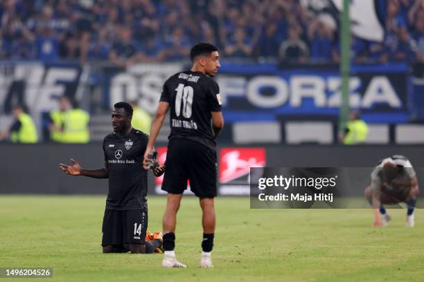 Silas Katompa Mvumpa of VfB Stuttgart celebrates after the team staying up in the Bundesliga and victory in the Bundesliga playoffs second leg match...