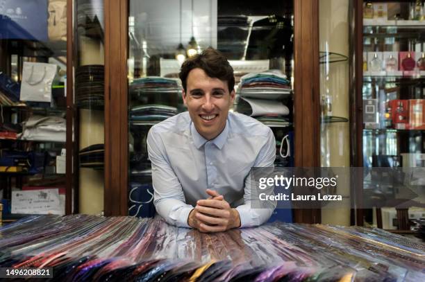 Alessandro Marinella, fourth generation of the Marinella family, poses for a photograph inside the historic Marinella store before wearing a Scudetto...