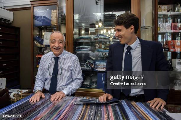 Alessandro Marinella , fourth generation of the Marinella family and a longtime collaborating store clerk inside the historic Marinella store wearing...