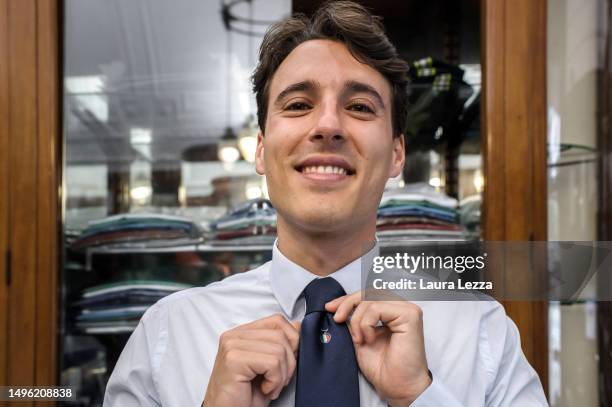 Alessandro Marinella, fourth generation of the Marinella family, poses for a photograph inside the historic Marinella store wearing a Scudetto...