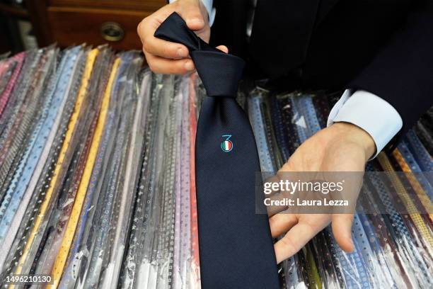 Scudetto Celebrative Tie for the victory of Italian football Championship and the Scudetto of Napoli is seen inside the historic Marinella store on...