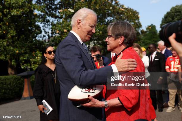 President Joe Biden greets Kansas Gov. Laura Kelly during a welcoming ceremony for the NFL Kansas City Chiefs at the White House on June 05, 2023 in...