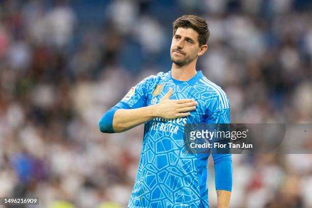 Thibaut Courtois of Real Madrid acknowledges the fan after the LaLiga Santander match between Real Madrid CF and Athletic Club at Estadio Santiago...
