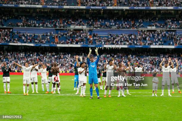 Players of Real Madrid acknowledges the fan following the LaLiga Santander match between Real Madrid CF and Athletic Club at Estadio Santiago...